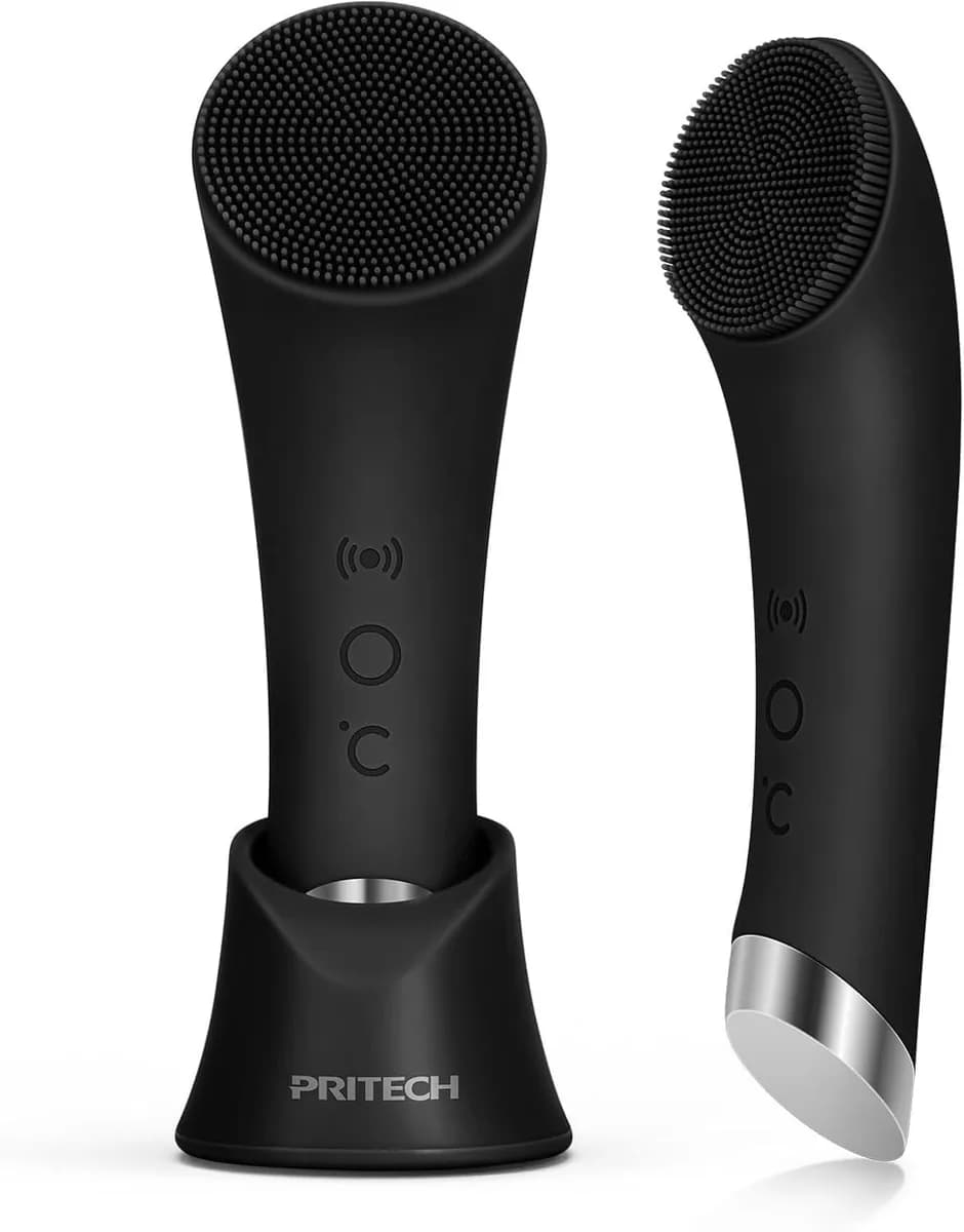 black heated facial cleansing brush with silicone bristles and metal heat end