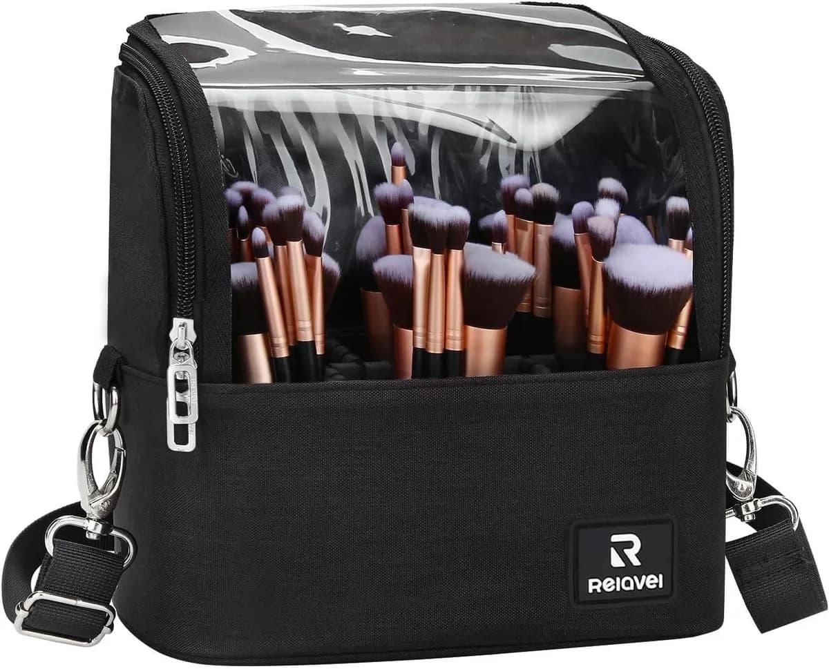 stand-up makeup brush bag in black with clear front and shoulder strap