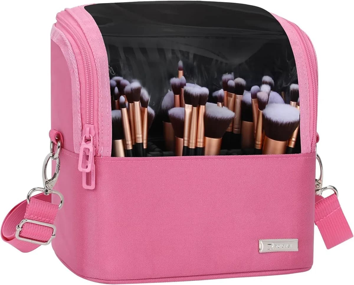 stand-up makeup brush bag in rose pink
