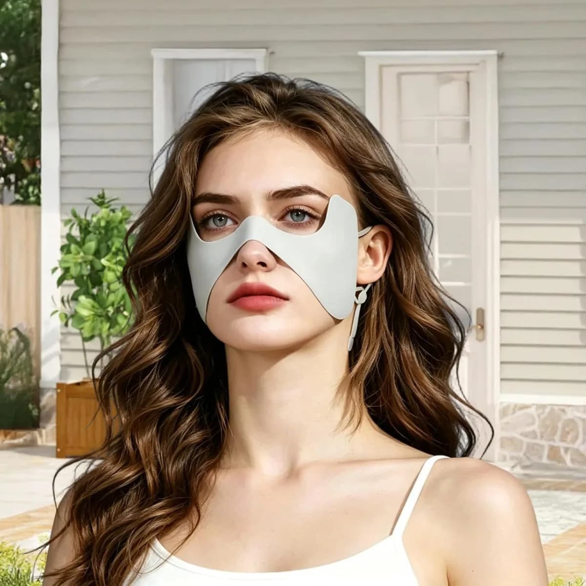 woman wearing a white UPF 50+ sun face mask