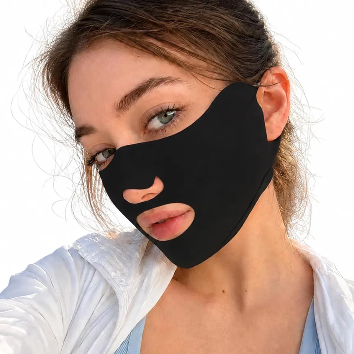 black UPF 50+ UV face mask with open nose and mouth