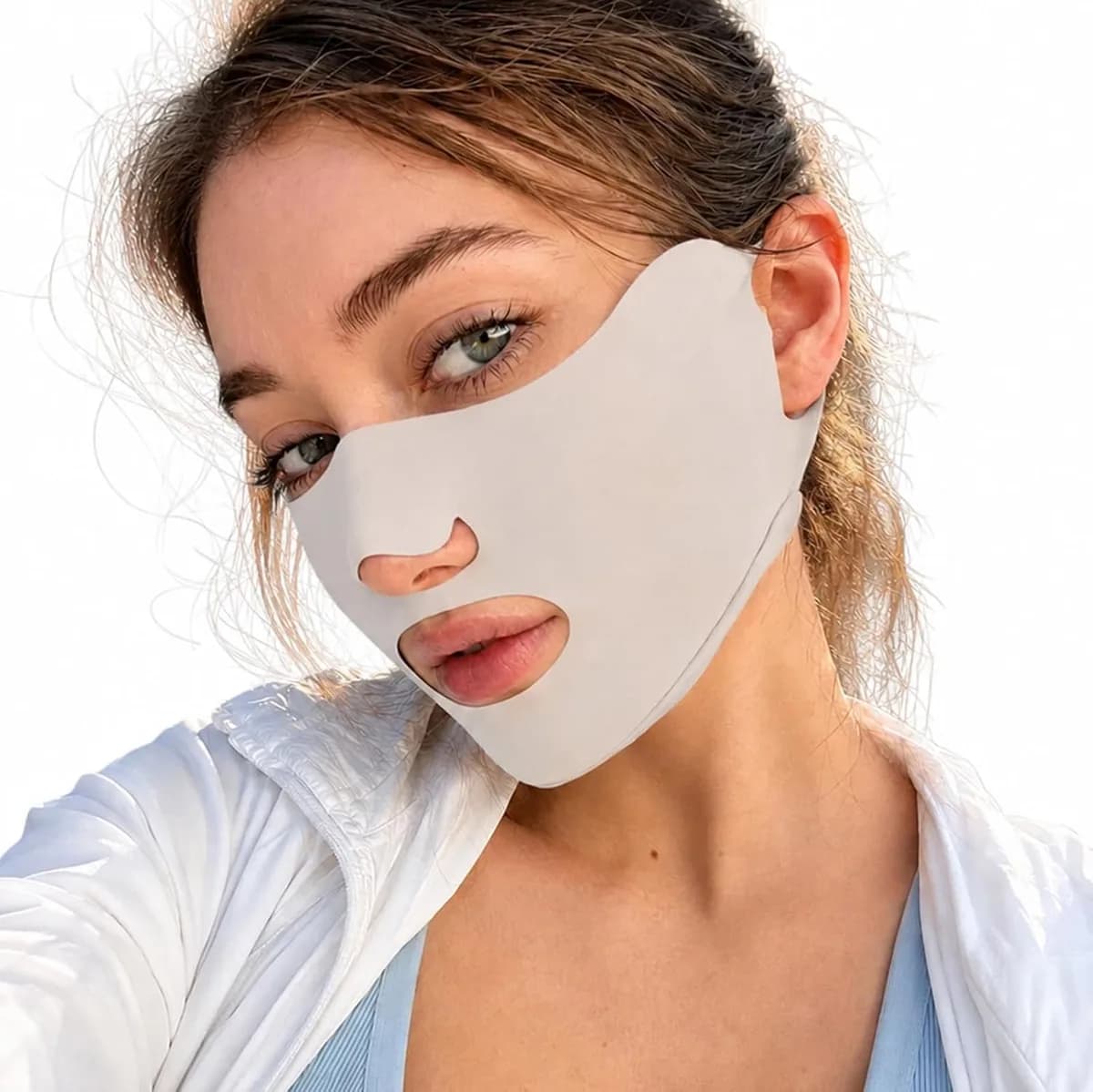 gray UPF 50+ UV face mask with open nose and mouth