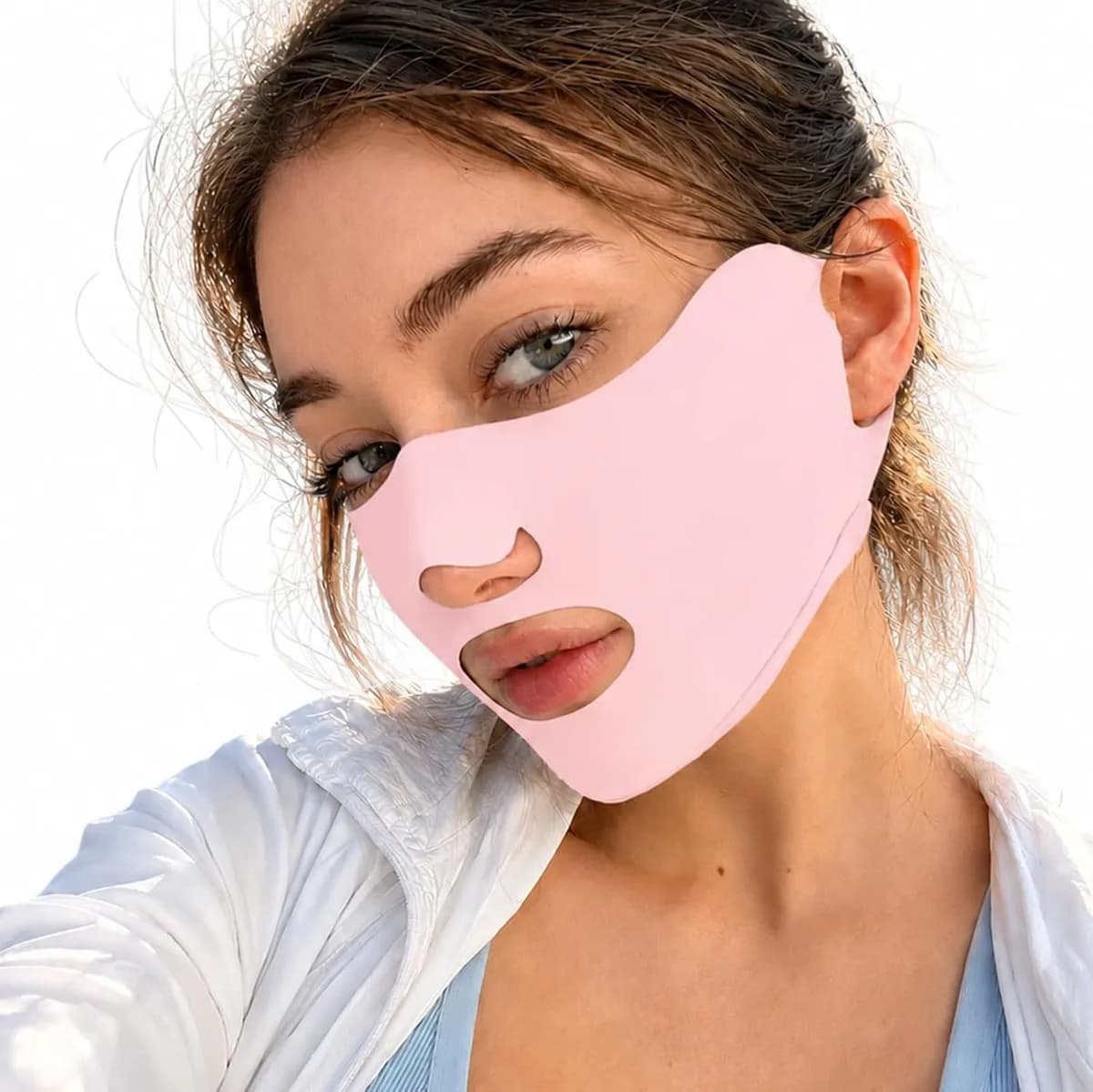pink UPF 50+ UV face mask with open nose and mouth