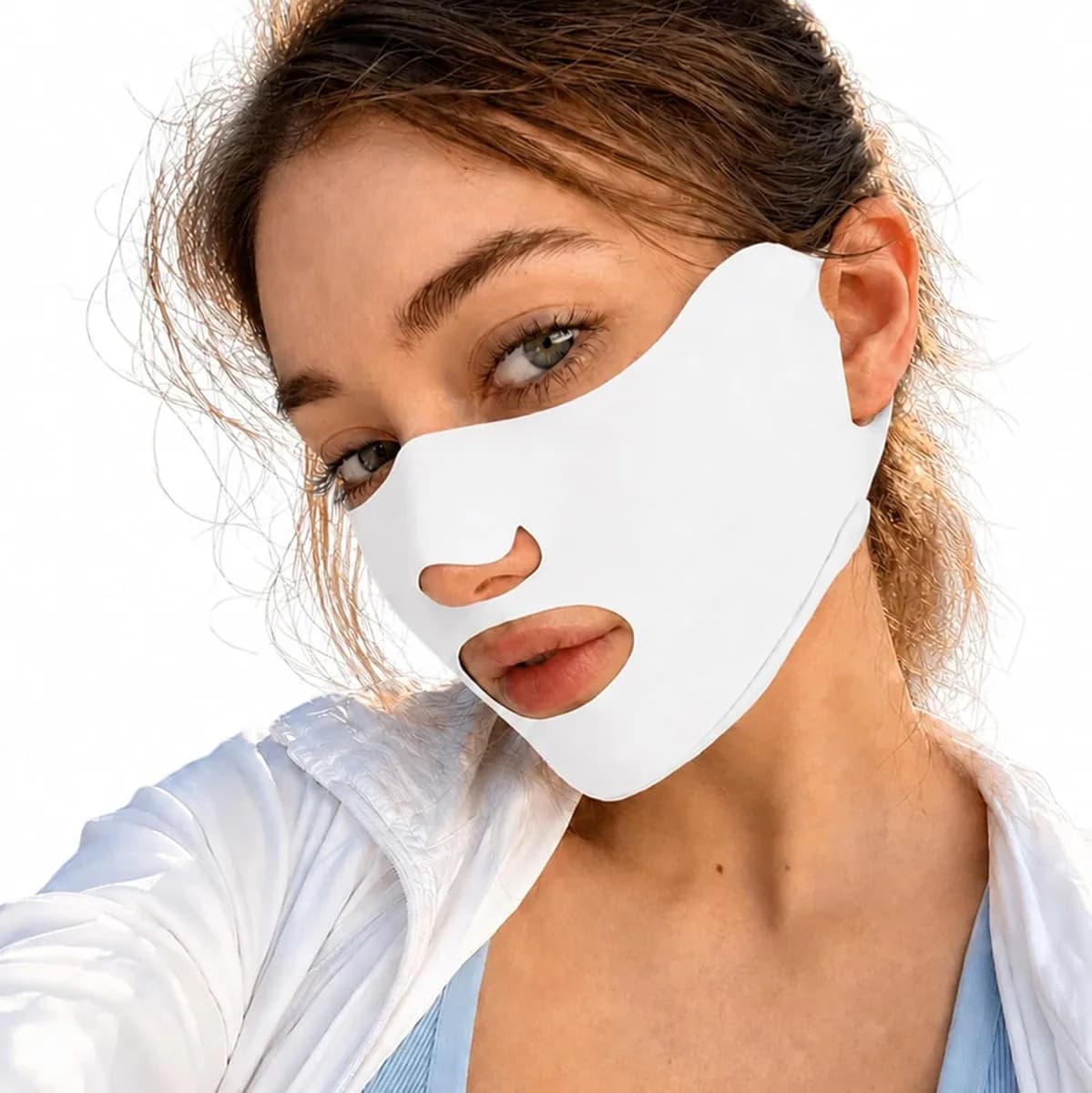 white UPF 50+ UV face mask with open nose and mouth