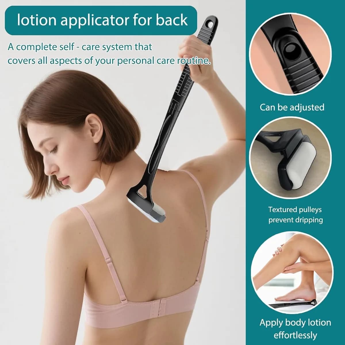 woman rolling lotion onto her back with the back lotion applicator