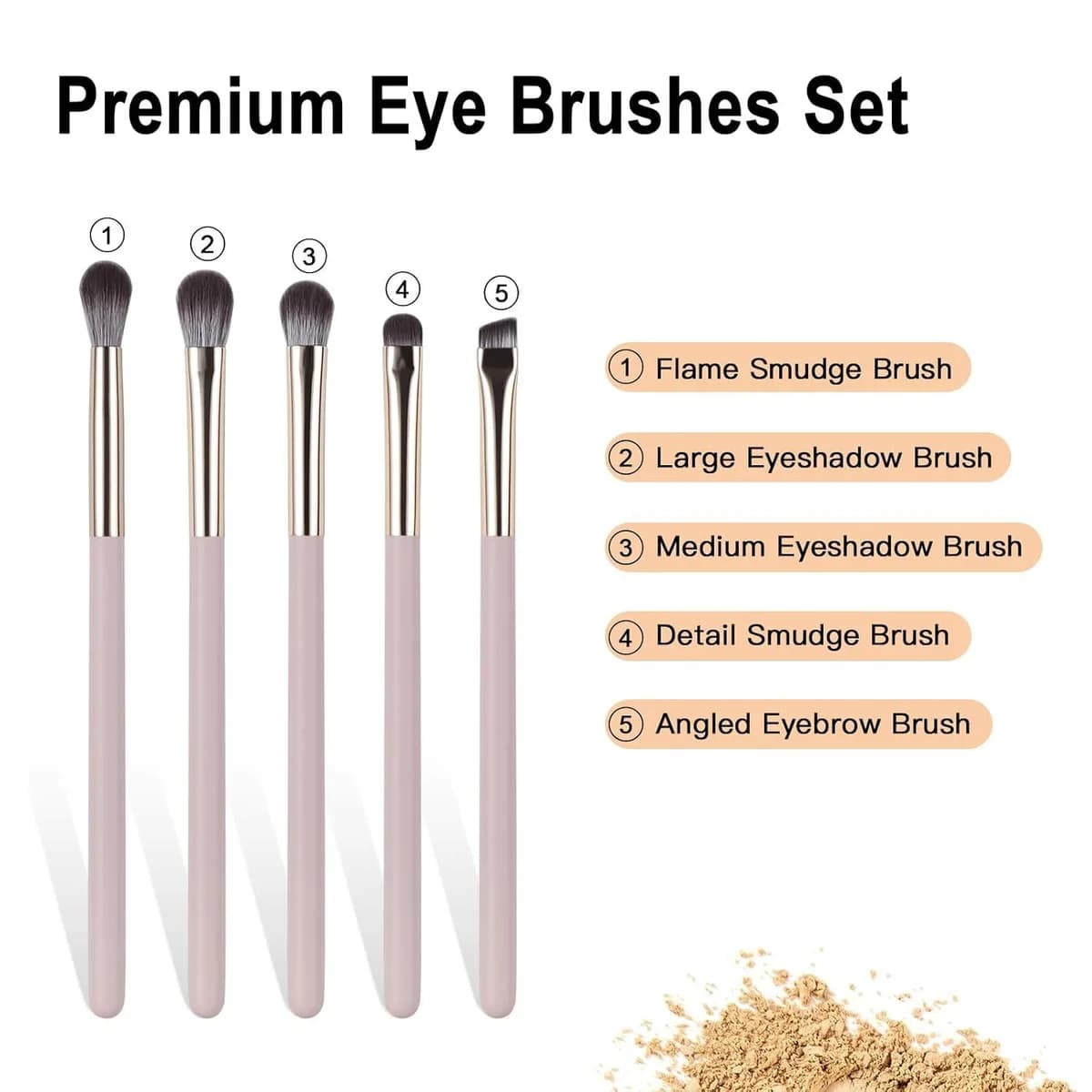 5-piece eye makeup brush set with each brush labeled