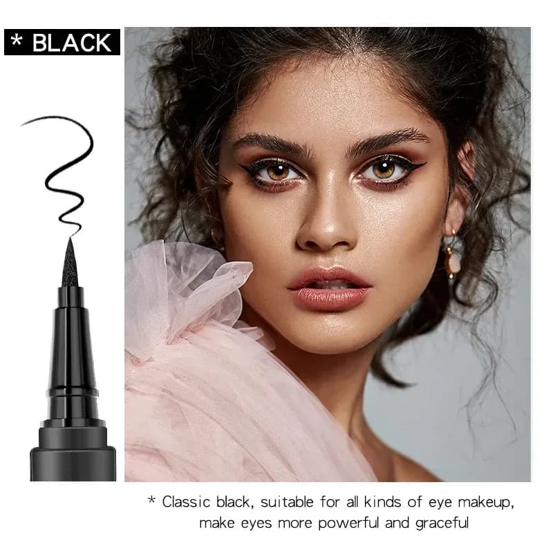 model wearing a sharp black wing drawn with the liquid eyeliner pen