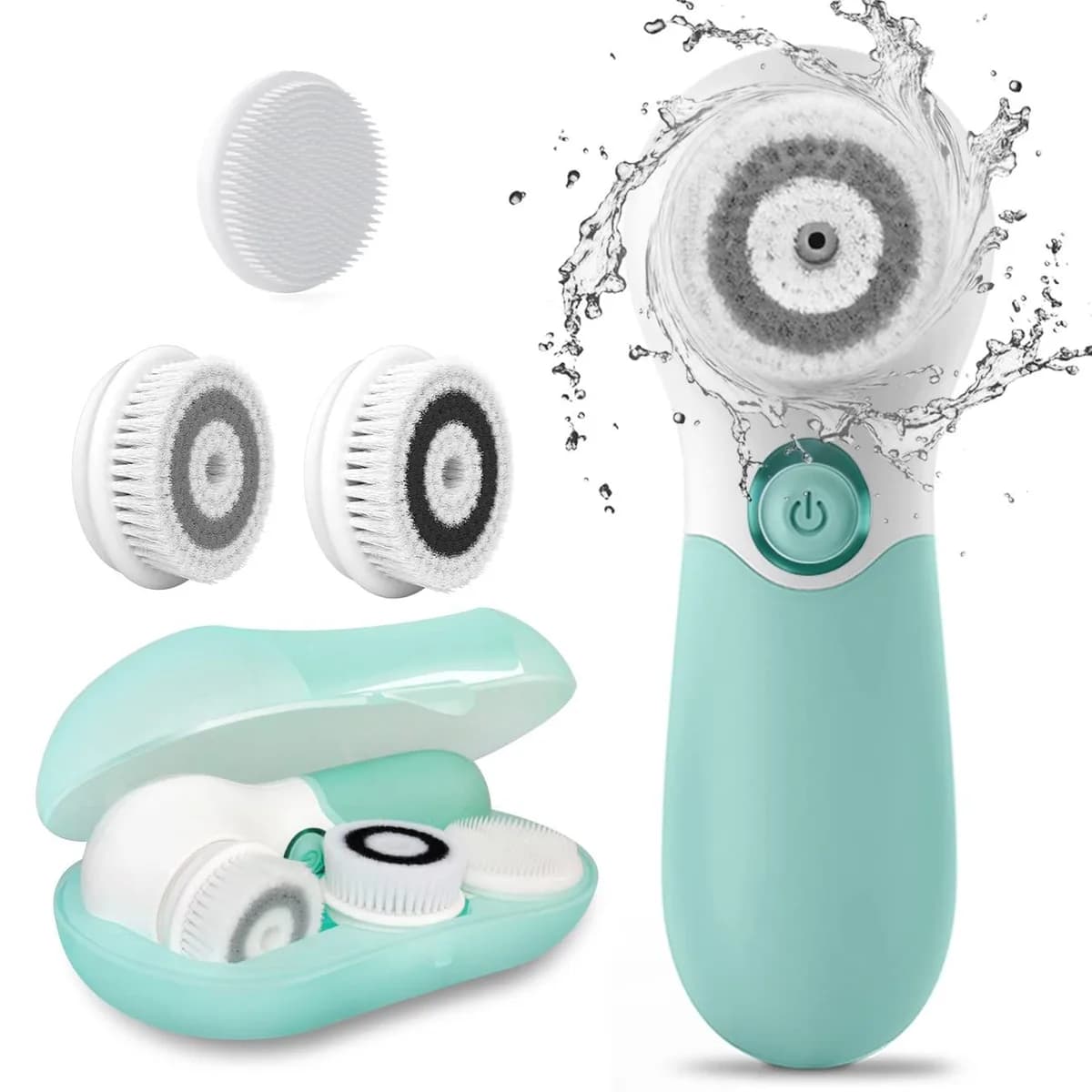 green spin facial cleansing brush with 3 brush heads and travel case