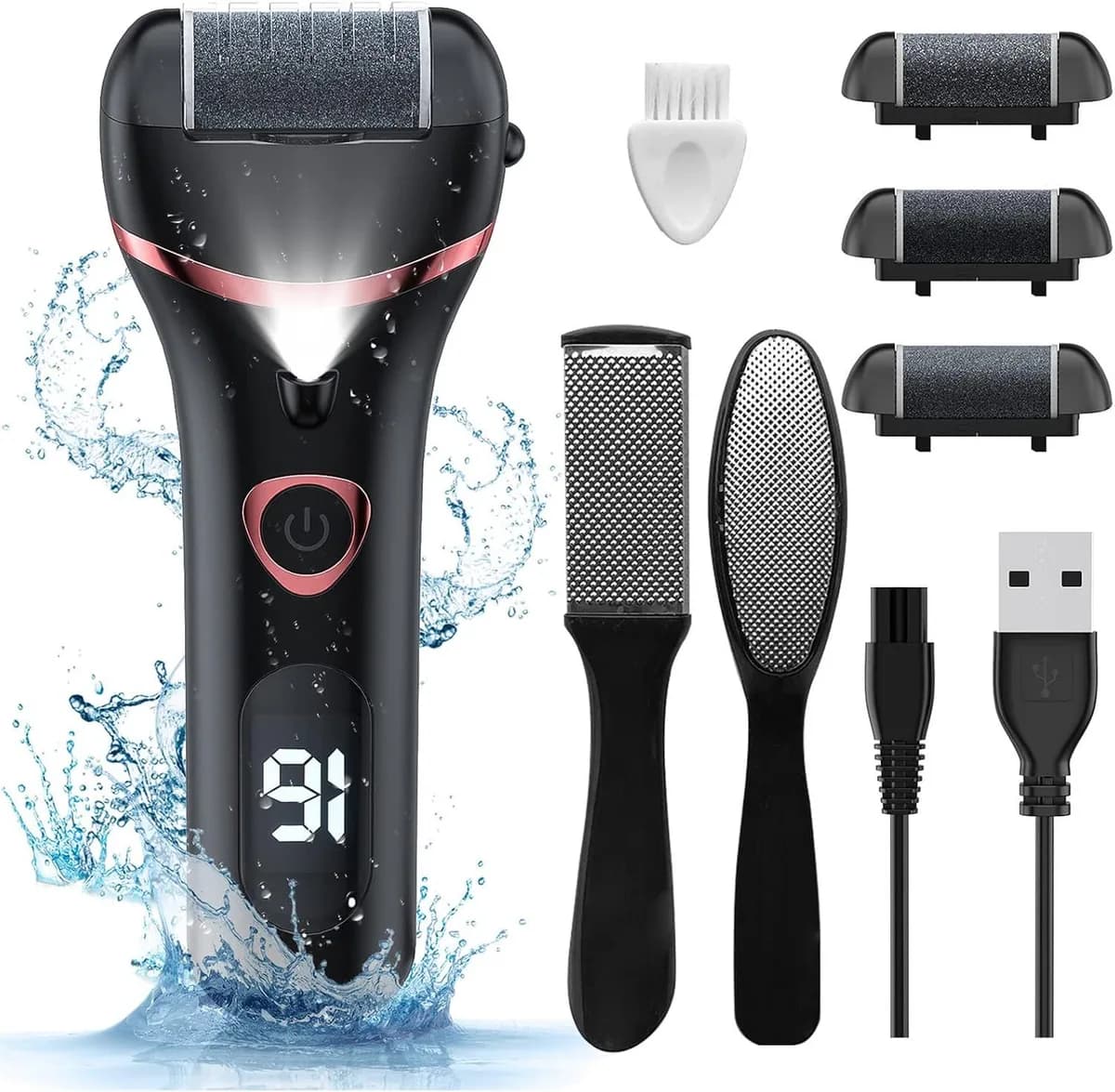 black electric foot callus remover with roller heads, foot files and USB cable