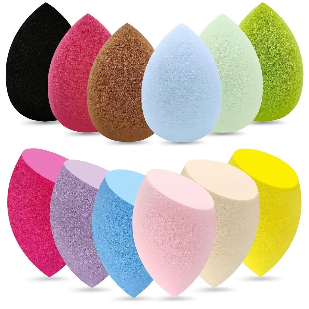 12-piece makeup sponge set in multicolor, teardrop and beveled shapes