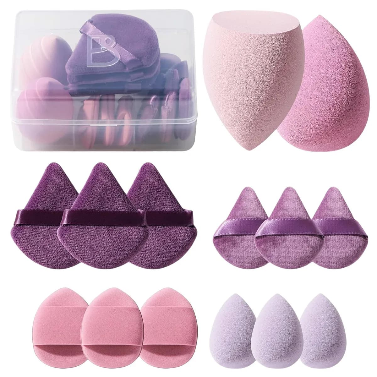 14-piece makeup sponge and powder puff set in purple with clear travel case