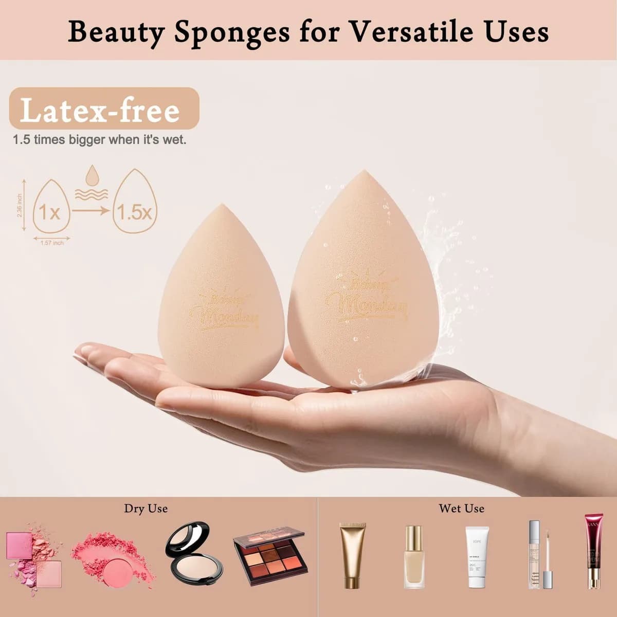 latex-free weekday makeup sponges in beige held in one hand