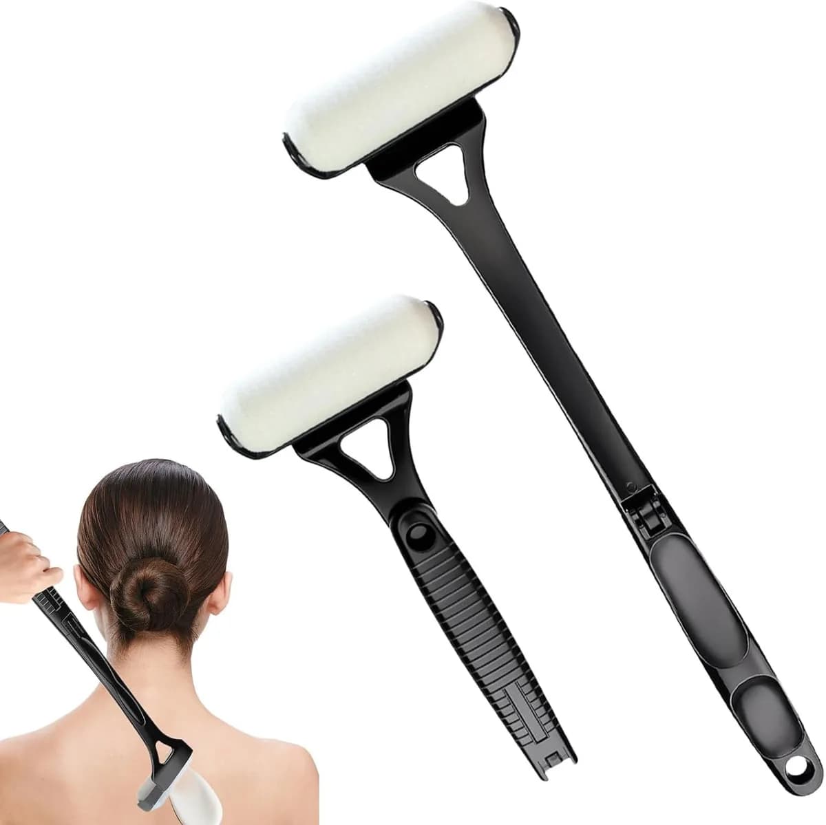 foldable back lotion and sunscreen applicator in black, folded and unfolded
