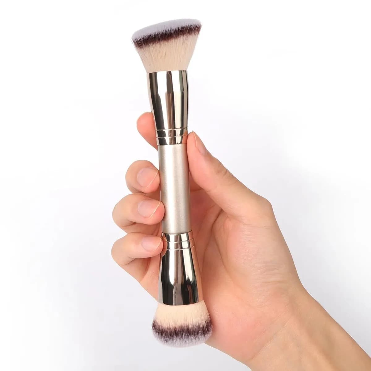 dual-ended foundation and powder brush with angled head in champagne