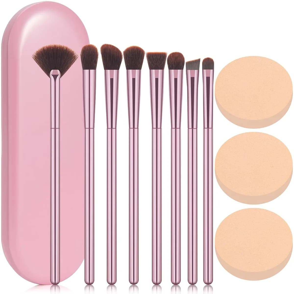 pink eyeshadow brush set with 8 brushes, 3 puffs and travel case