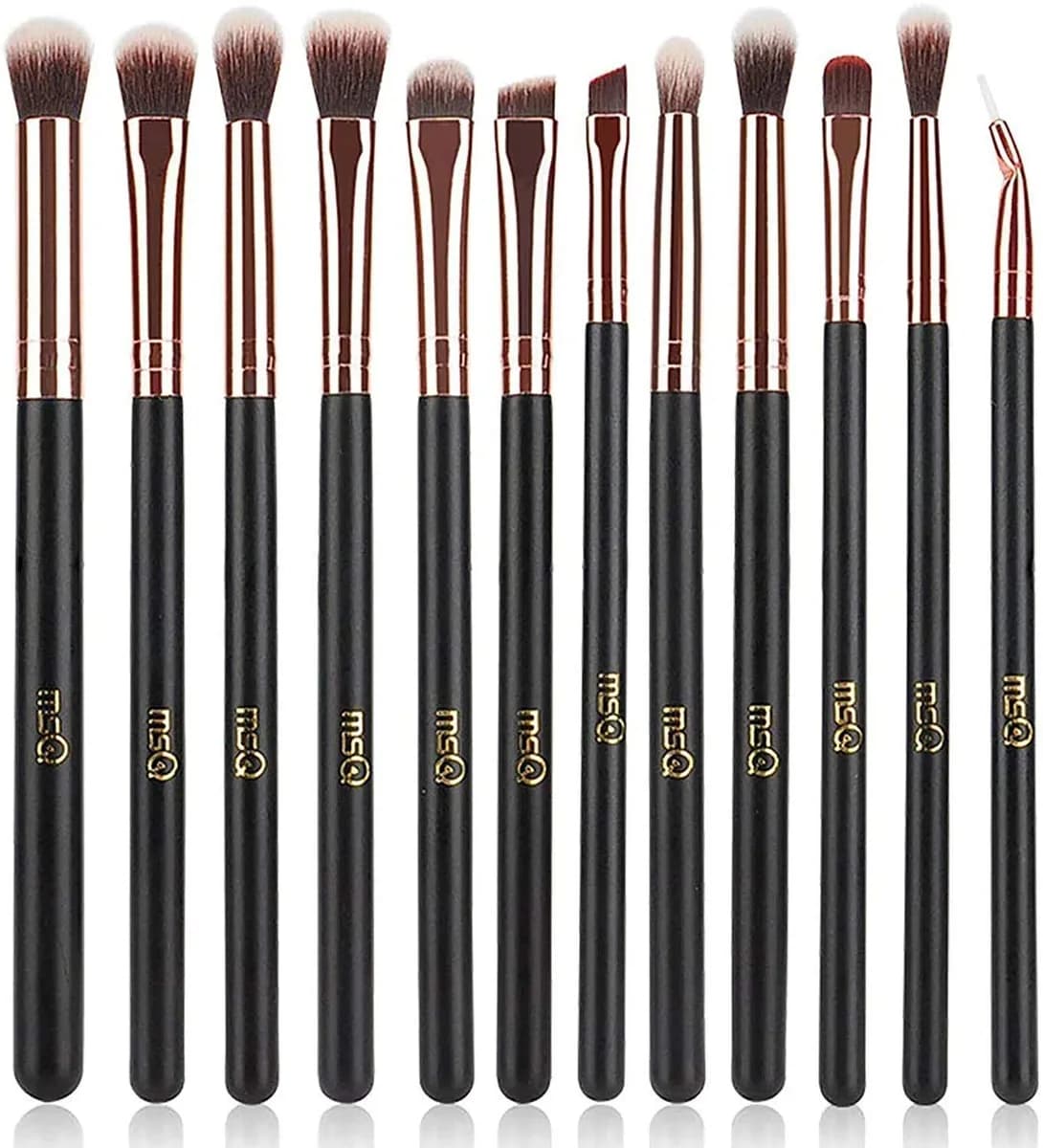 12-piece eye makeup brush set with rose gold ferrules and black wood handles