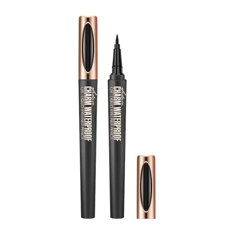 ultra-fine black liquid eyeliner pen shown capped and uncapped