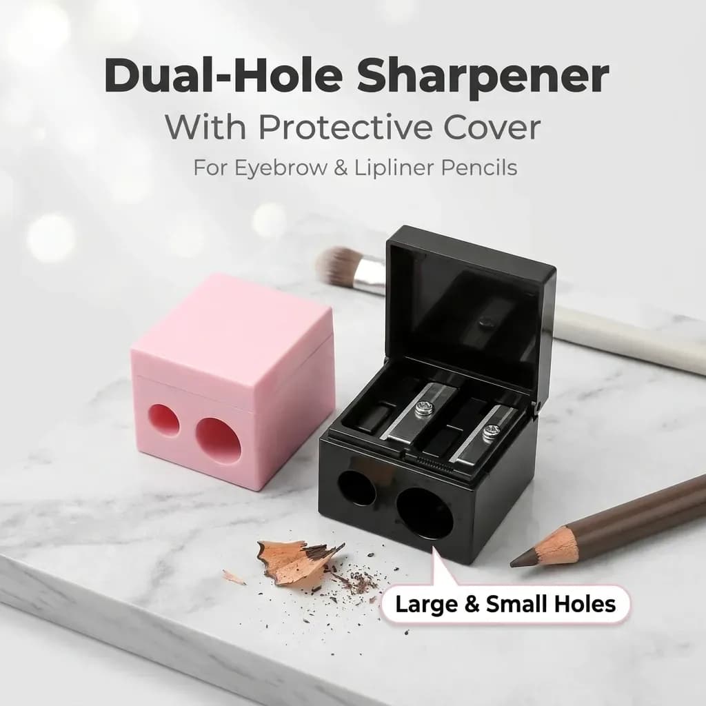 dual-hole cosmetic pencil sharpener with cover in black and pink