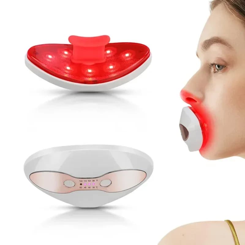 heated LED lip care device with red light and warmth control panel
